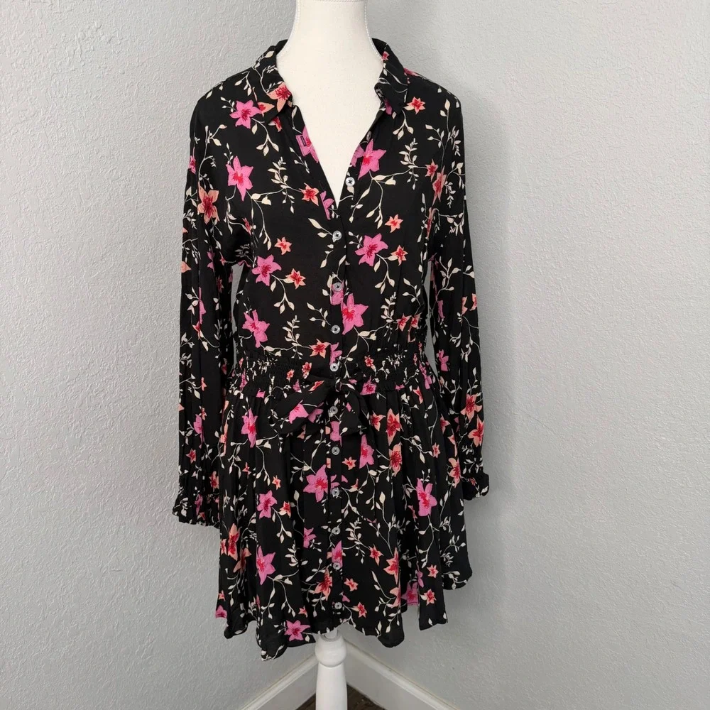 Free People Lighten Up Black‎ Pink Floral Dress